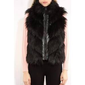 NEW METRIC KNITS stand collar faux fur vest in black